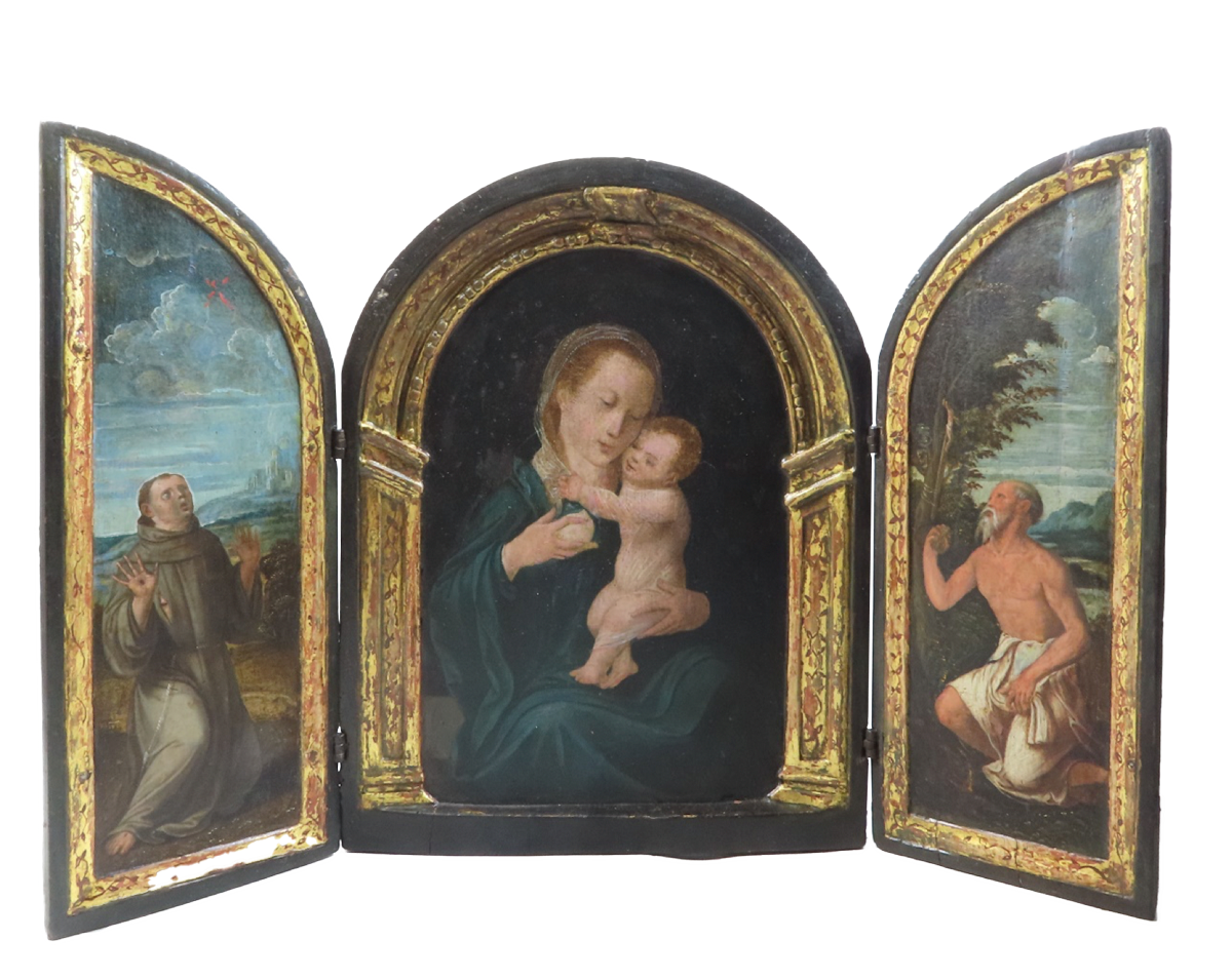 Virgen de la leche con San Jerónimo y San Francisco Tríptico en madera. Compra venta de pintura
